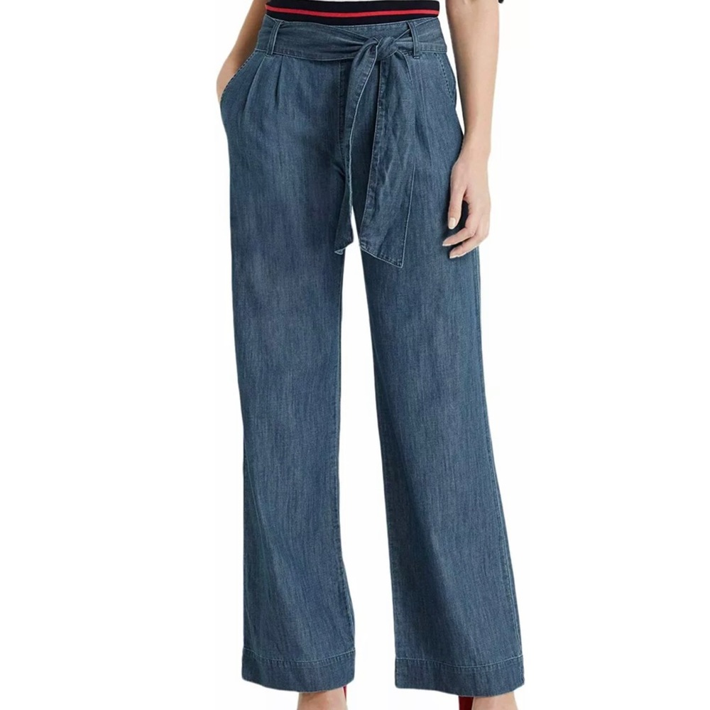 Draper James 6 Wide Leg High Rise Chambray Pants Tie Belt